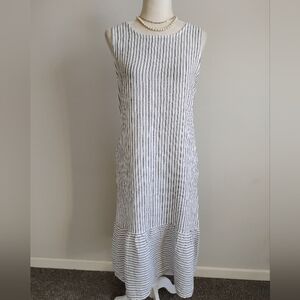 Francesca Bettini Linen Shift Dress Maxi Gray White Stripe Coastal Beachy Size L